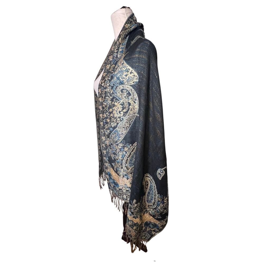 Paisley metallic blue, gold fringe‎ shawl scarf, sarong bohemian GypsyGoth - Picture 6 of 15